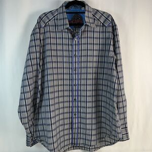 Robert Graham Flip Cuff Shirt Men's Size L Gray/Black/ Blue Check Long Sleeve